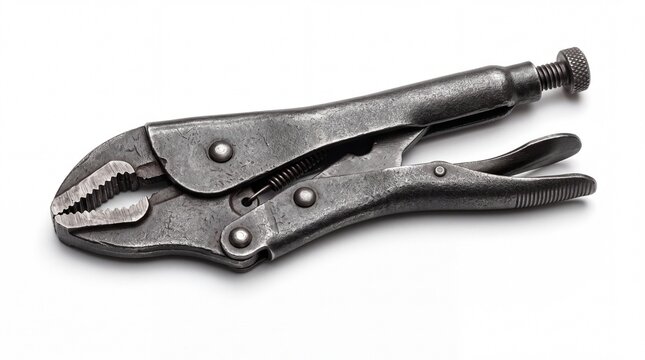 Metal locking pliers tool lying on white background