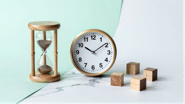 Wooden hourglass and clock beside small wooden blocks on marble surface.