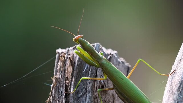 Close up of a praying mantis as it slowly moves on a stump in the Utah wilderness.