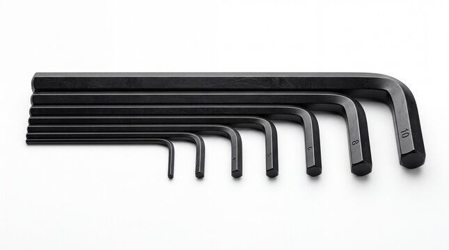 Black hex key set of various sizes on white background