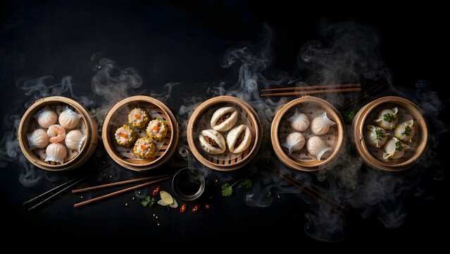 Traditional Asian Dim Sum Assortment in Bamboo Steamers with Rising Steam on Dark Background