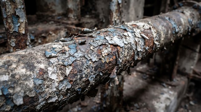 Peeling paint on a rusted metal pipe in an industrial environment