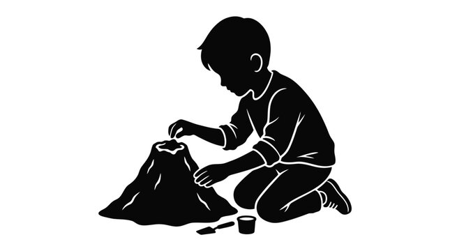 Boy playing with sand vector illustration featuring cute child building castle shape silhouette graphic art design element for kids and fun activity themes