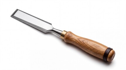 Fototapeta premium Sharp woodworking chisel with polished steel blade and wooden handle