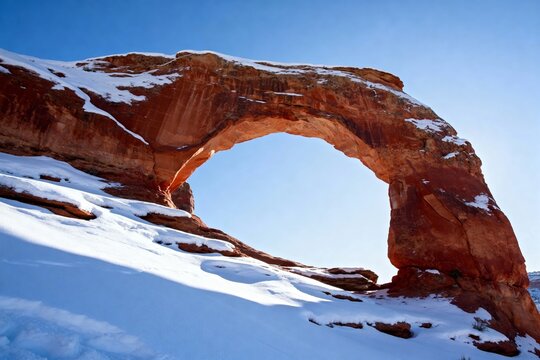 Snow-covered sandstone arch under clear blue sky