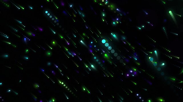 Abstract quantum prism rotating with glowing particles on black background