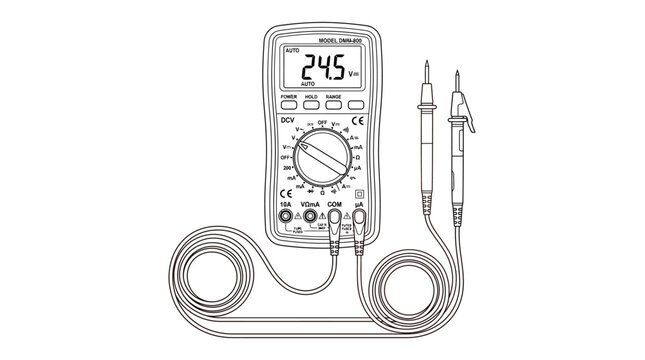 Digital Multimeter with Test Probes Line Art Vector Illustration Isolated on White Background