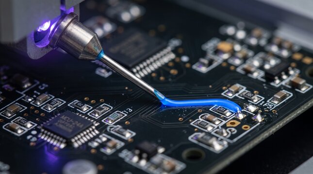 Automated glue dispensing needle applying blue conductive gel or silicone sealant on electronic circuit board microchip components
