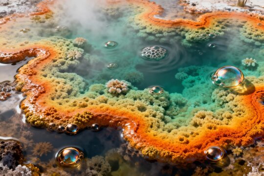 Colorful microbial mats and steam rising from a geothermal hot spring with water bubbles