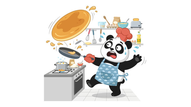Funny panda mascot chef flipping pancake in a messy kitchen vector illustration of a clumsy bear cooking breakfast or dessert
