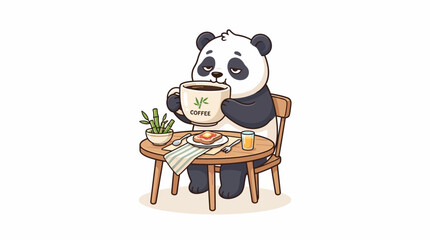 Cute cartoon panda having breakfast at a table with a large cup of coffee and toast in a charming vector illustration © Timen