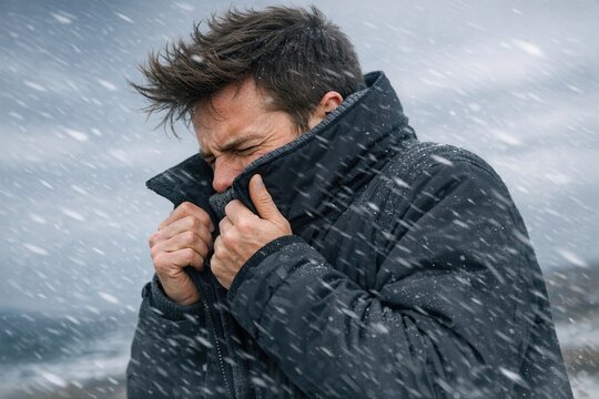 A person dressed in a black jacket stands outdoors in a snowy environment