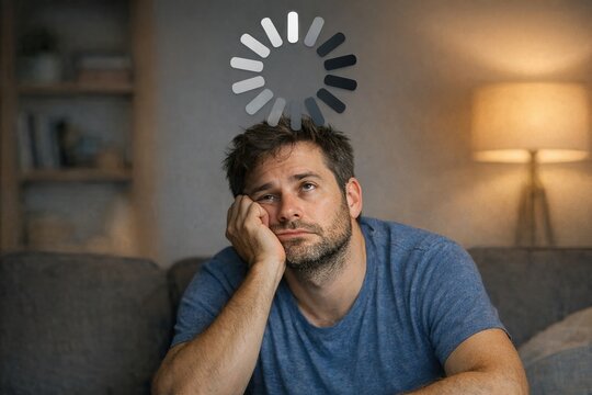 A person sitting on a couch with their hand on their face, possibly feeling stressed or overwhelmed