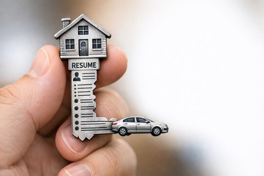 A real estate agent holding a pin with a house and car icons, ready to help clients find their dream property