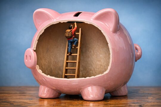 A person ascending a ladder to reach a pink piggy bank, with financial and savings connotations