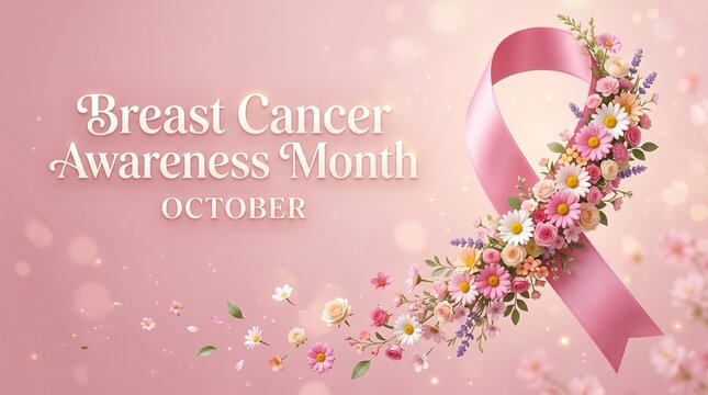 National breast cancer awareness month. Poster pink ribbon