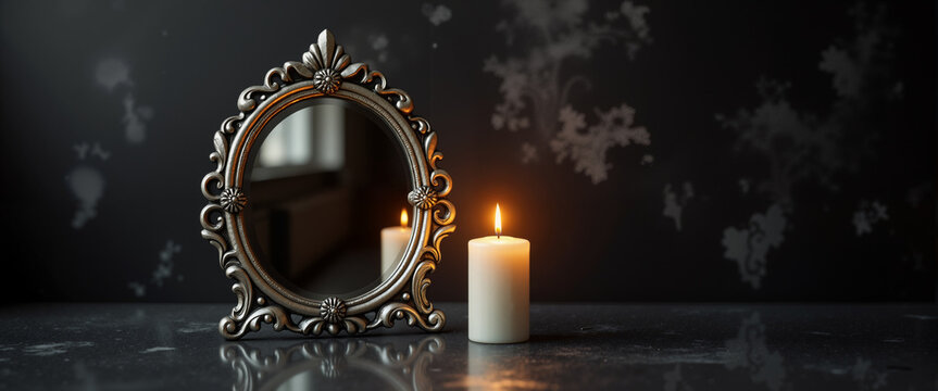 Antique mirror with candle infinite flame reflection dark room for websites, blogs, graphic resources, stationery design, clip art for postcards, and esoteric themed presentations