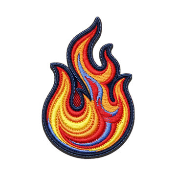 Embroidered patch of a stylized flame in red orange and yellow with flame design
