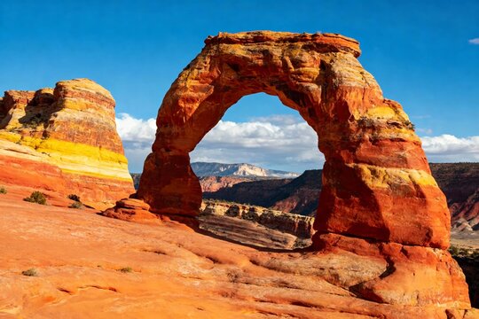 Natural sandstone arch formation in a desert landscape under a clear blue sky