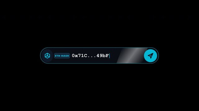 Secure cryptocurrency wallet address hash transfer verification input bar with digital typing animation and success checkmark on alpha channel