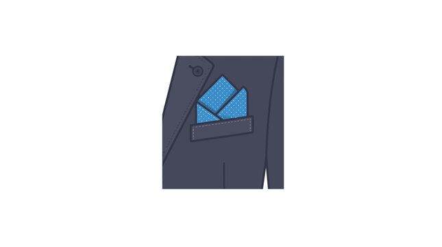 A close up of a suit jacket chest pocket with a folded blue pocket square inside.