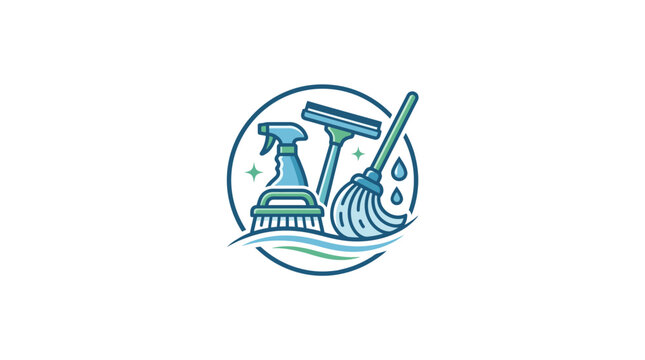 Cleaning service logo featuring spray bottle squeegee mop brush and water splash in circular frame.