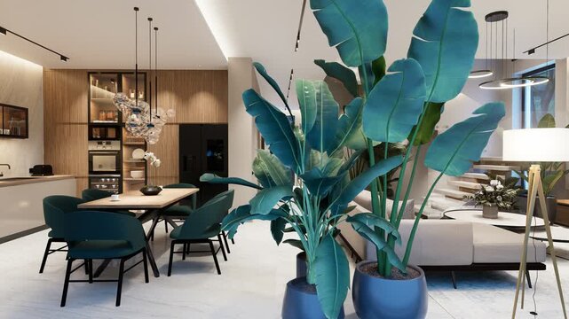 4K pan of a luxury open-concept interior featuring a modern living room, dining area, floating staircase, marble wall, and panoramic glass pool view at dusk.