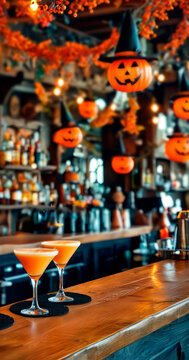 Halloween-themed bar preparing for an autumn party, festive cocktails on a rustic wooden bar.