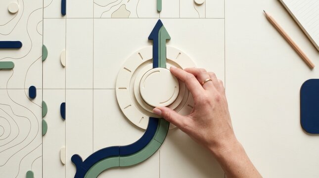 growth revenue growth strategic planning. Hand adjusting a rotary dial on a control panel with arrows and pathways.