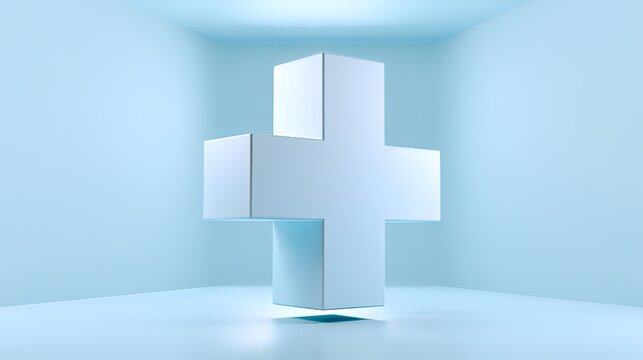 Minimalist white plus symbol floats gently within a soft blue room, representing healthcare, wellness, and medical concept