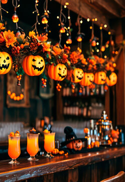 Halloween themed bar setting up for an autumn party,festive cocktails on a rustic wooden counter, celebrating a spooky trick or treat season.