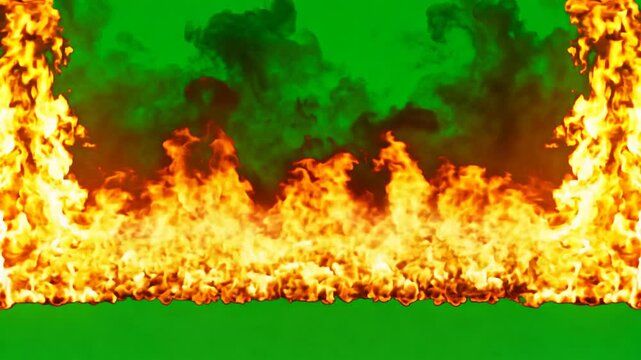 Burning Fire Flame Border Frame Overlay Isolated on Green Screen Chroma Key Backdrop