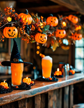 Bar counter decorated for Halloween, featuring festive orange drinks, a witch hat, small pumpkins, and string lights, creating a celebratory and spooky atmosphere