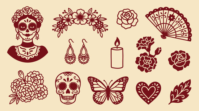 A detailed dia de los muertos icon set vector featuring traditional mexican culture elements like skulls and flowers