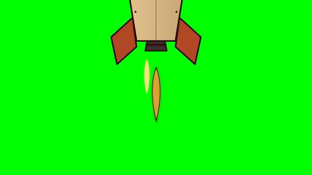 Vintage Wooden Cartoon Rocket with Brown Fins Hovering and Rising on Green Screen