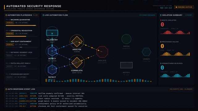 Explore an advanced automated security response dashboard featuring a live automation flow diagram, showcasing threat isolation across enterprise systems with vibrant colors and dynamic statistics.