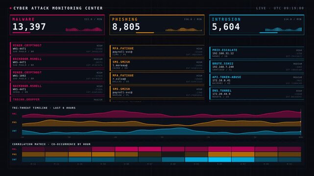 A vibrant 4K cyber attack monitoring center visualizes malware, phishing, and intrusion alerts with a tri-color threat system and dynamic data feeds in real-time.