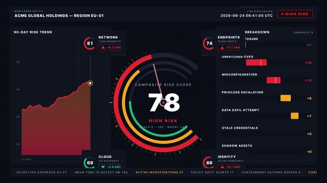 Experience a high-tech enterprise threat detection dashboard showcasing live risk scoring analytics with dynamic visual elements and a sleek dark graphite design.