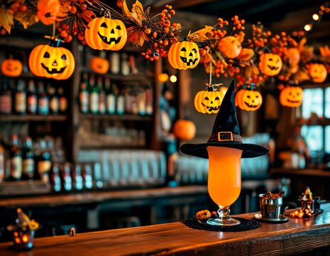 Halloween themed bar counter with a witch hat cocktail and glowing jack-o'-lantern decorations, creating a festive atmosphere for a spooky party and celebration