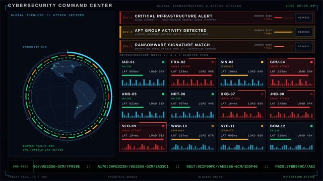 A dynamic 4K cybersecurity command center dashboard showcasing a 3D globe with active attack animations, real-time data visualizations, and alert banners for critical infrastructure monitoring.