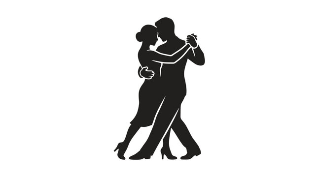 Elegant vector illustration featuring black silhouette of couple dancing tango together with passionate movement and graceful posing on clean white background