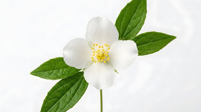 White Mock Orange Jasmine Flower with Green Leaves Isolated on White Background