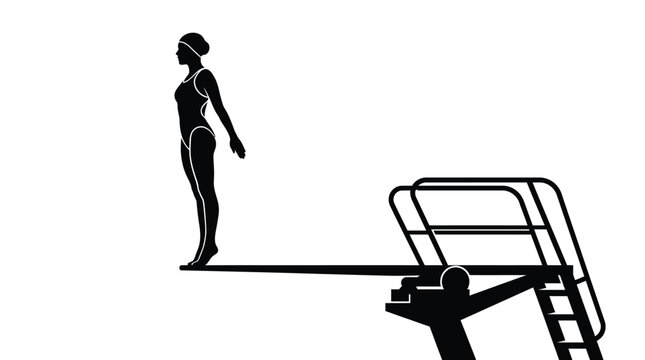 Female swimmer silhouette standing focused on a high diving board ready to jump into the swimming pool during a competition in flat vector illustration style
