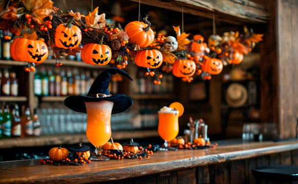 Orange cocktail decorated with a witch's hat and small pumpkins on a wooden bar, surrounded by pumpkin garlands and a blurred background of liquor bottles.
