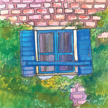 Vectorized watercolor illustration focusing on a traditional window with blue shutters from Przno, Montenegro. Cozy rustic stone wall texture surrounded by green ivy plants in sketch style.