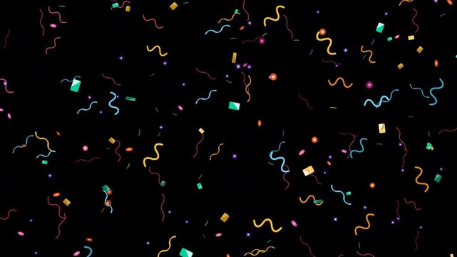 festive falling confetti and colorful streamers on black background creating a dynamic celebration motion background