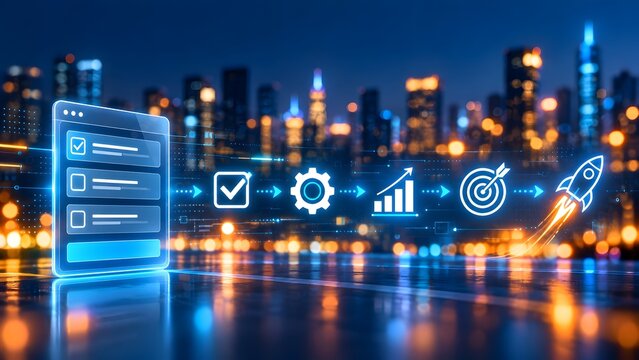 Digital project management workflow from task checklist to automation, growth analytics, target achievement, and startup launch over night city skyline