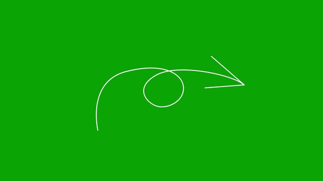 Modern thin line curled spiral arrow animating right on green screen background for creative presentation indicator, elegant direction pointer, user interface marker and motion overlay clip.