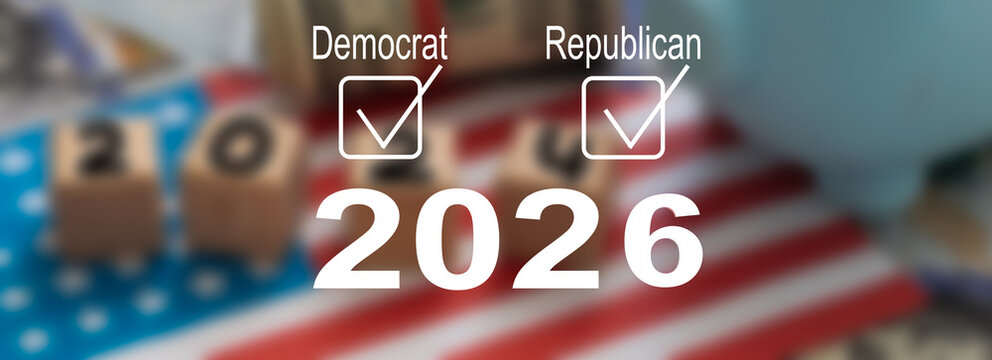 Concept of 2026 American Midterm Elections. Midterm Election sign in front of US flag 2026