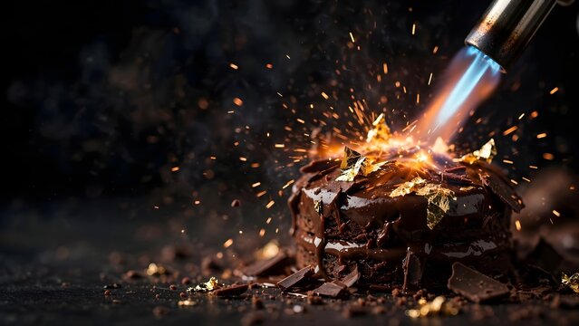 Chef Torch Flame Torching Luxury Chocolate Cake with Edible Gold Leaf and Sparks